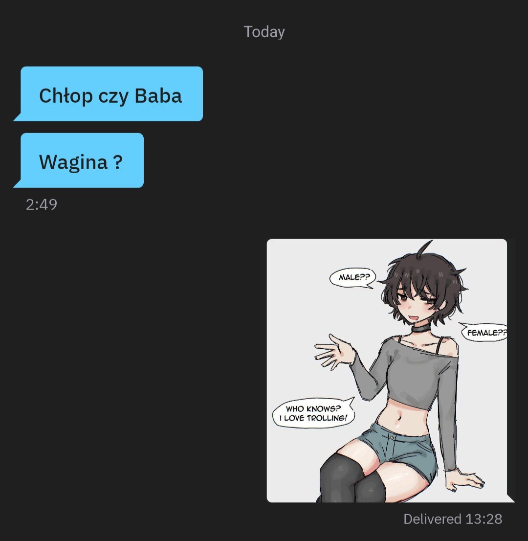 pl -> en
— "guy or a girl?"
— "vagina?"