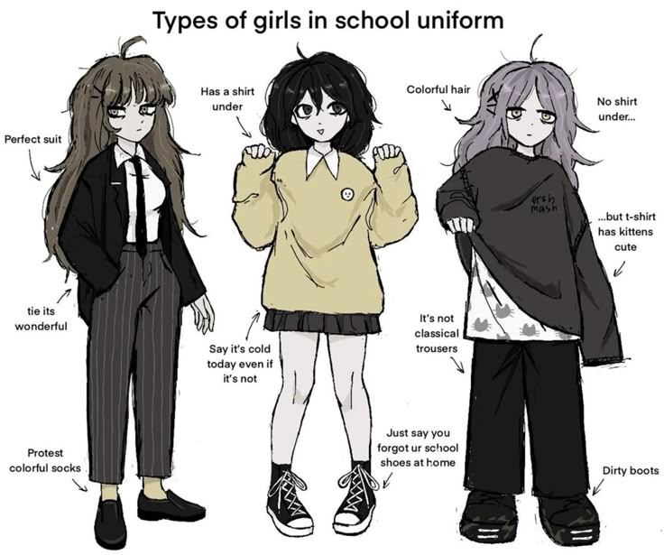Types of girls in school uniform

No shirt
under...

..but t-shirt
has kittens
cute

Z

tie its
wonderful

It's not
classical
Say it’s cold trousers
today even if

it’s not

Just say you
forgot ur school
shoes at home

Protest

colortul socks Dirty boots