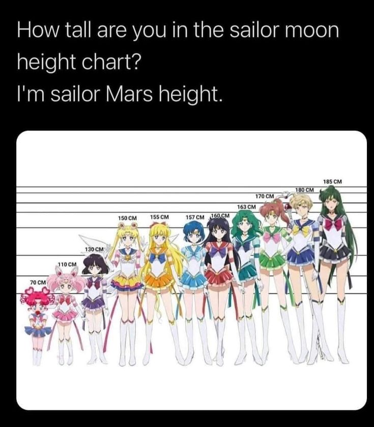 How tall are you in the sailor moon
height chart?
I'm sailor Mars height.

1s0cM 155CM 1s7cM S0CM
e_y7* ‘

ie
q 1a wes '
g3 Me eis

130CM— a“.