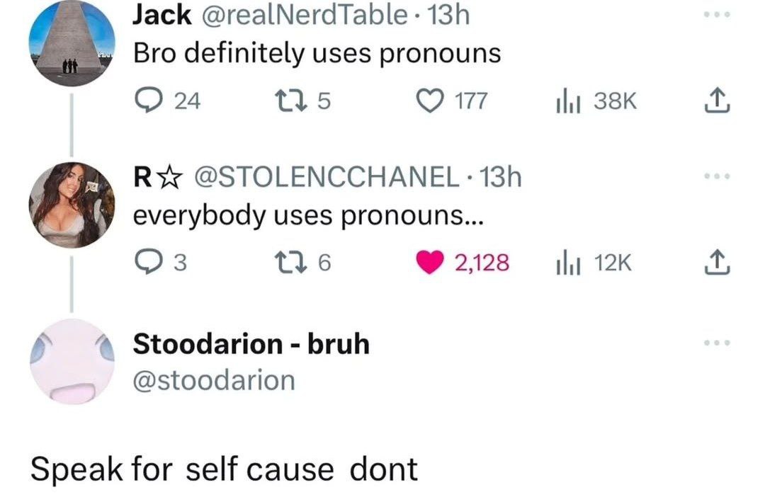 Jack @realNerdTable - 13h
Bro definitely uses pronouns

@STOLENCCHANEL - 13h
everybody uses pronouns...

Stoodarion - bruh
@stoodarion

Speak for  self cause   dont