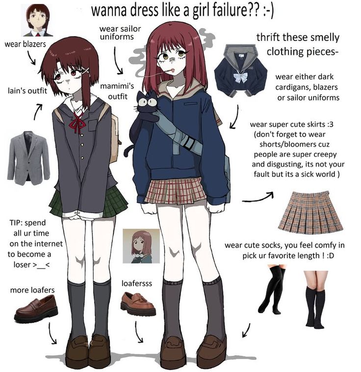 wear sailor
uniforms

\

mamimi's

ata thrift these smelly
wear blazers

clothing pieces-

wear either dark
cardigans, blazers
or sailor uniforms

) wear super Cute skirts :3
(don't forget to wear
shorts/bloomers cuz
people are super creepy
and disgusting, its not your
fault but its a sick world )

TIP: spend

all ur time
on the internet wear cute socks, you feel comfy in
to become a pick ur favorite length ! :D
loser >_<

more loafers

\