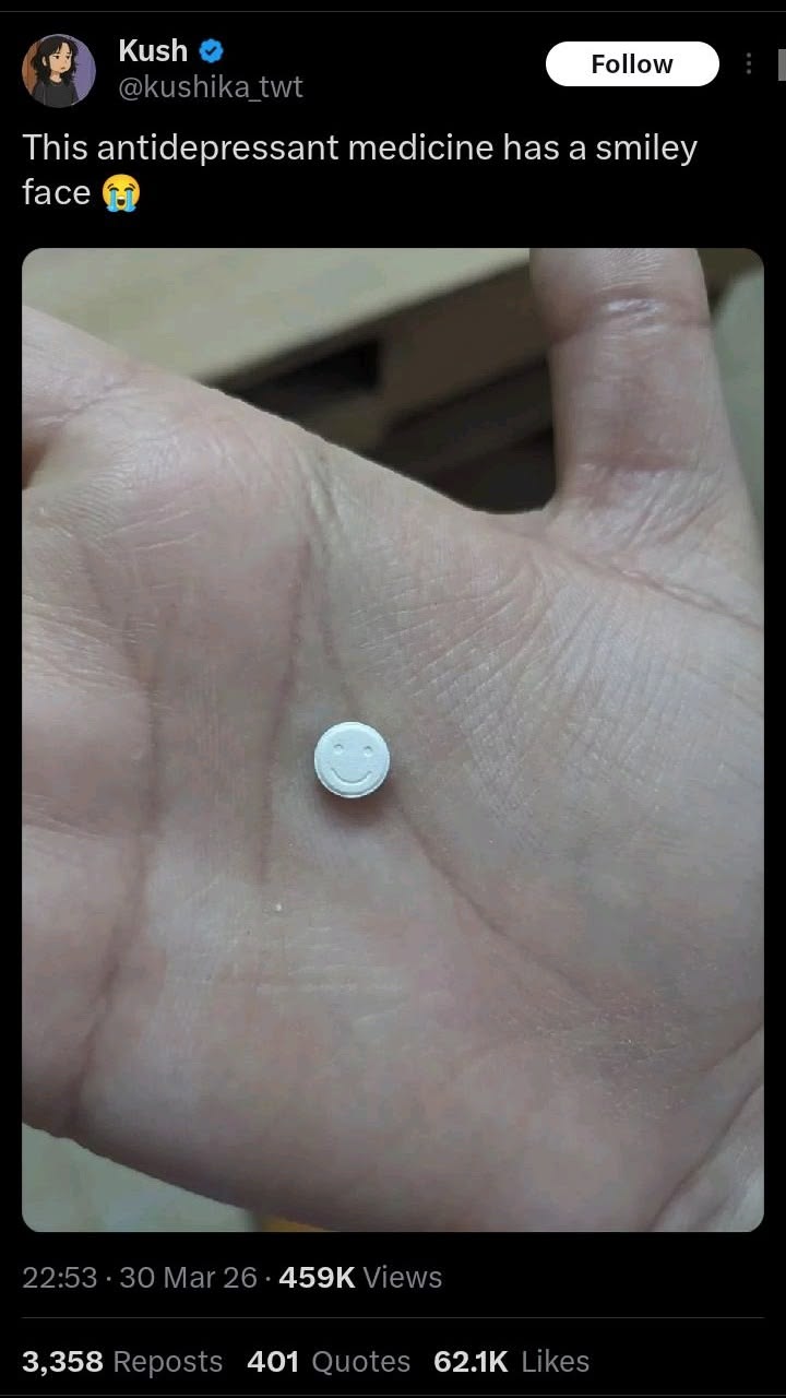 g Kush Follow

> | Ned

This antidepressant medicine has a smiley

face @