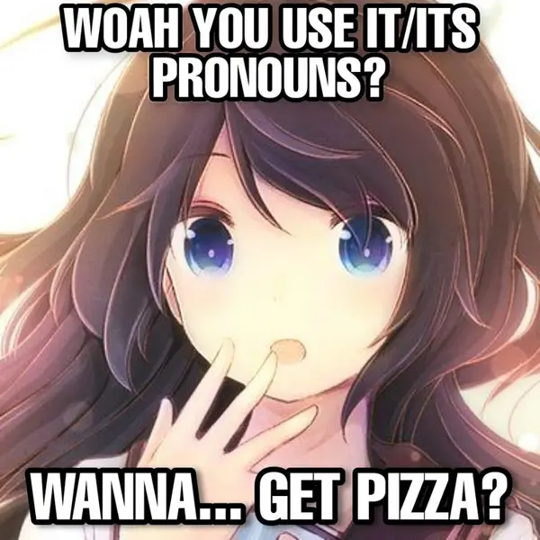 WOAH YOU USE IT/ITS
PRONOUNS?

WANNA... GET PIZZA?