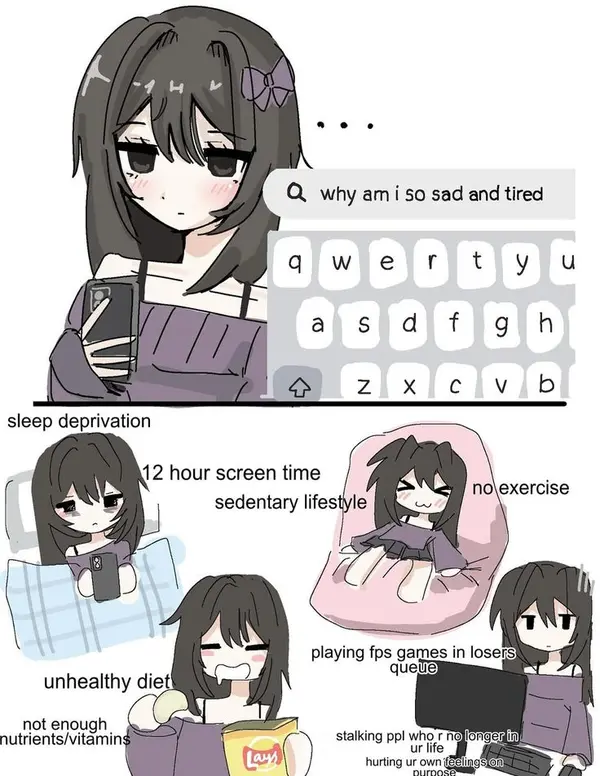 not enough

nutrients/vitamin ( ) stalking ppl who r ngllongerg

hurting ur own f€eling
age