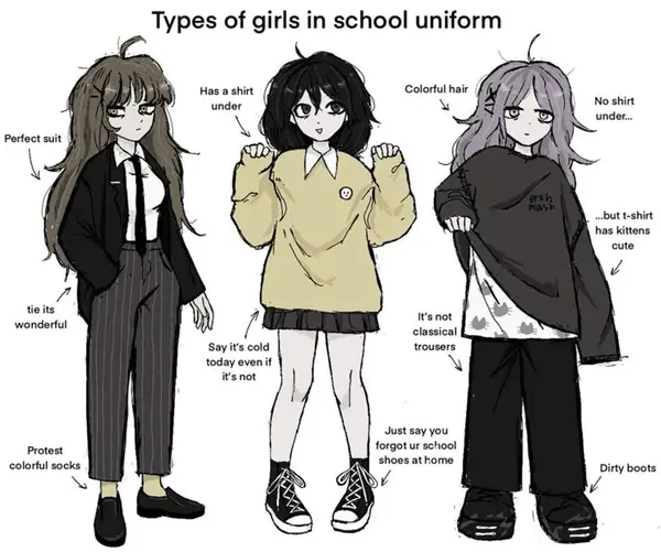 Types of girls in school uniform

No shirt
under...

..but t-shirt
has kittens
cute

Z

tie its
wonderful

It's not
classical
Say it’s cold trousers
today even if

it’s not

Just say you
forgot ur school
shoes at home

Protest

colortul socks Dirty boots