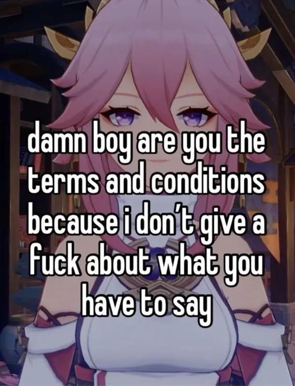 damn bog me the
terms and'conditions

becauseindonit give a
Fuckfabout whatjyou
@haveto saya

ww