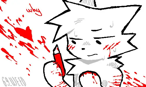 boycutter; the white cat, holding a red box cutter in the aftermath of cutting himself. there are cuts on his wrists, shoulders, and cheeks, the ones on his cheeks resembling blush lines. he looks at the box cutter and his bloody paws with a conflicted look on his face. there are blood spills in the background, one splat being in the shape of a heart.