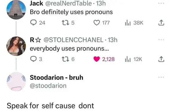 Jack @realNerdTable - 13h
Bro definitely uses pronouns

@STOLENCCHANEL - 13h
everybody uses pronouns...

Stoodarion - bruh
@stoodarion

Speak for  self cause   dont