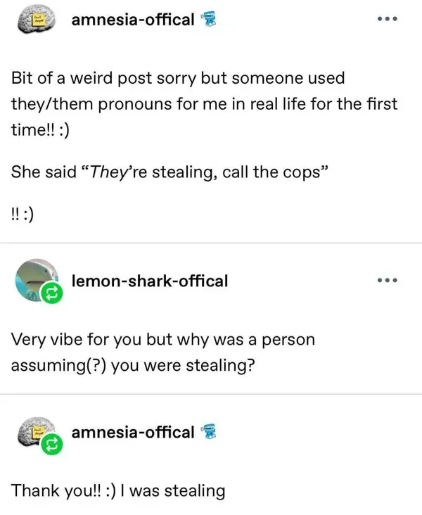 amnesia-offical

Bit of a weird post sorry but someone used
they/them pronouns for me in real life for the first
time!! :)

She said “They’re stealing, call the cops”

!! :)

lemon-shark-offical

Very vibe for you but why was a person
assuming(?) you were stealing?

amnesia-offical

Thank you!! :) I was stealing