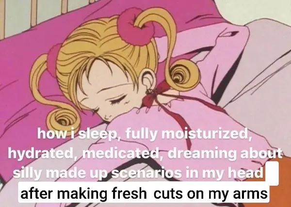 how i sleep, fully moisturized,
hydrated, medicated, dreaming about
silly made up scenarios in my head
after making fresh cuts on my arms