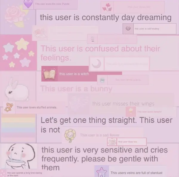 this user is constantly day dreaming

Let's get one thing straight. This user
is not

Za :\ this user is very sensitive and cries
-_ r frequently. please be gentle with
No them