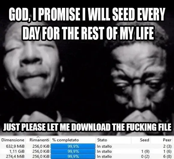 GOD, | PROMISE! WILL SEED EVERY
DAY, FOR THE REST OF MV LIFE

State Seed Peer
B In stallo 2 (3)
B In stalle 1(3) 16)
i In stallo 0 (2) 6 (8)

Oimensione
632,93 MiB
1,11 GiB
2744 MiB