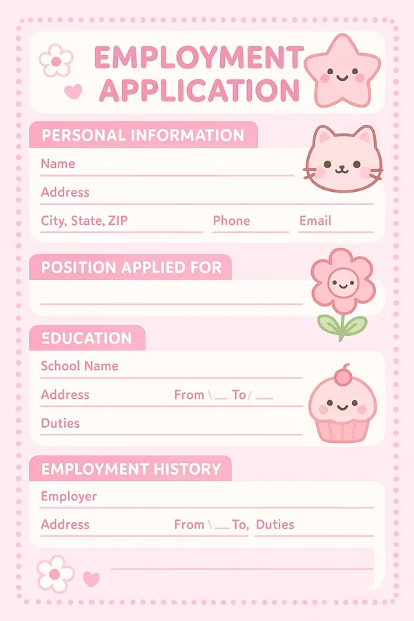 💖💣, [06/08/2025 17:53]
/copilot Genera il template Employment / Job Application ma decorato con accent rosa e dettagli kawaii

Microsoft Copilot, [06/08/2025 17:53]
Ecco pronto per te un template adorabile per la tua domanda di lavoro, decorato con accenti rosa e tocchi kawaii. 🌸✨ Dai subito un’occhiata qui sotto! Se vuoi, posso anche aiutarti a personalizzare il testo da inserire nel documento. Vuoi renderlo professionale ma con un tono gentile e creativo? Posso farlo!

💖💣, [06/08/2025 17:55]
non è accurato ma ci sta, buon template, me lo salvo